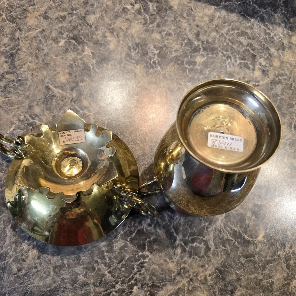 Vintage Hampton Brass 2-Piece Set Vase & Compote Bowl India Ornate Handles Decor